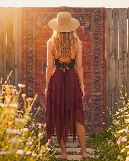 MYSTIC ROES Chiffon Dress - Burgundy / Black
