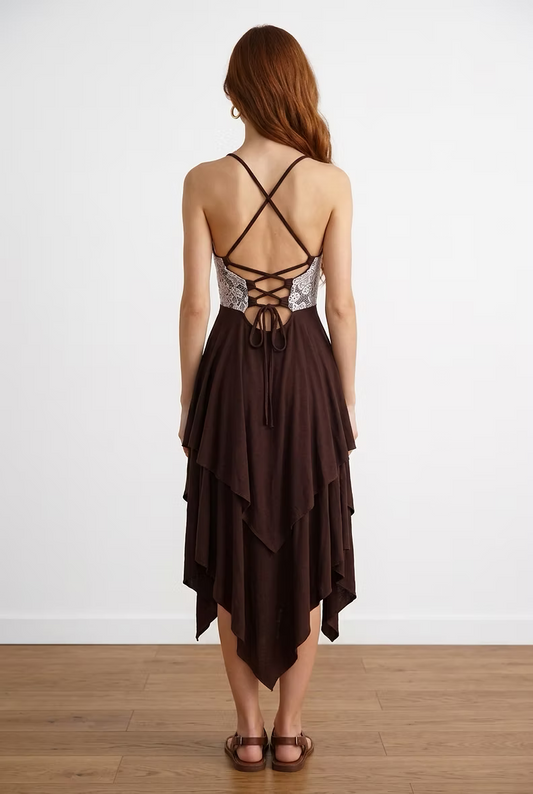 MYSTIC Rose Lace Dress – Brown