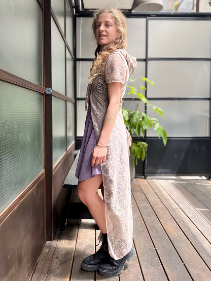 VENUS Beige Leaf Lace Short Sleeve Top