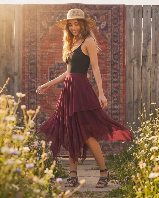 MYSTIC ROES Chiffon Dress - Burgundy / Black