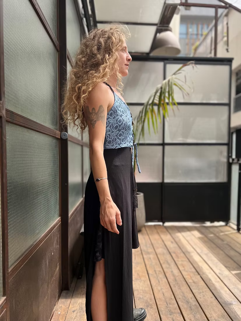 LILITH Top – Blue Lace Cut-Out Texture Tunic