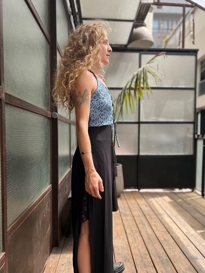 LILITH Top – Blue Lace Cut-Out Texture Tunic