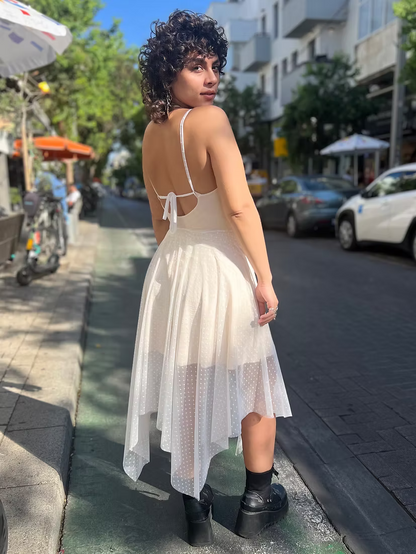 FAIRY Long White Dotted Chiffon Dress