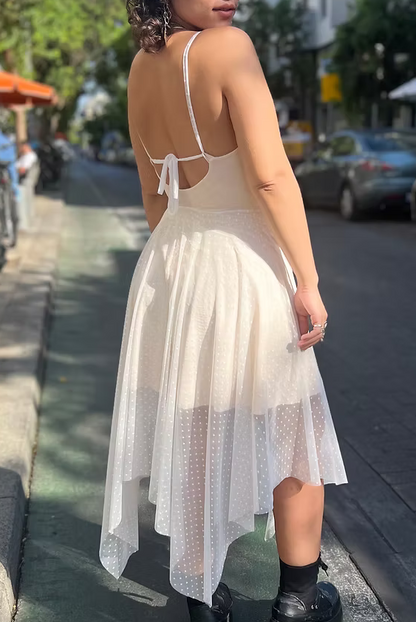 FAIRY Long White Dotted Chiffon Dress