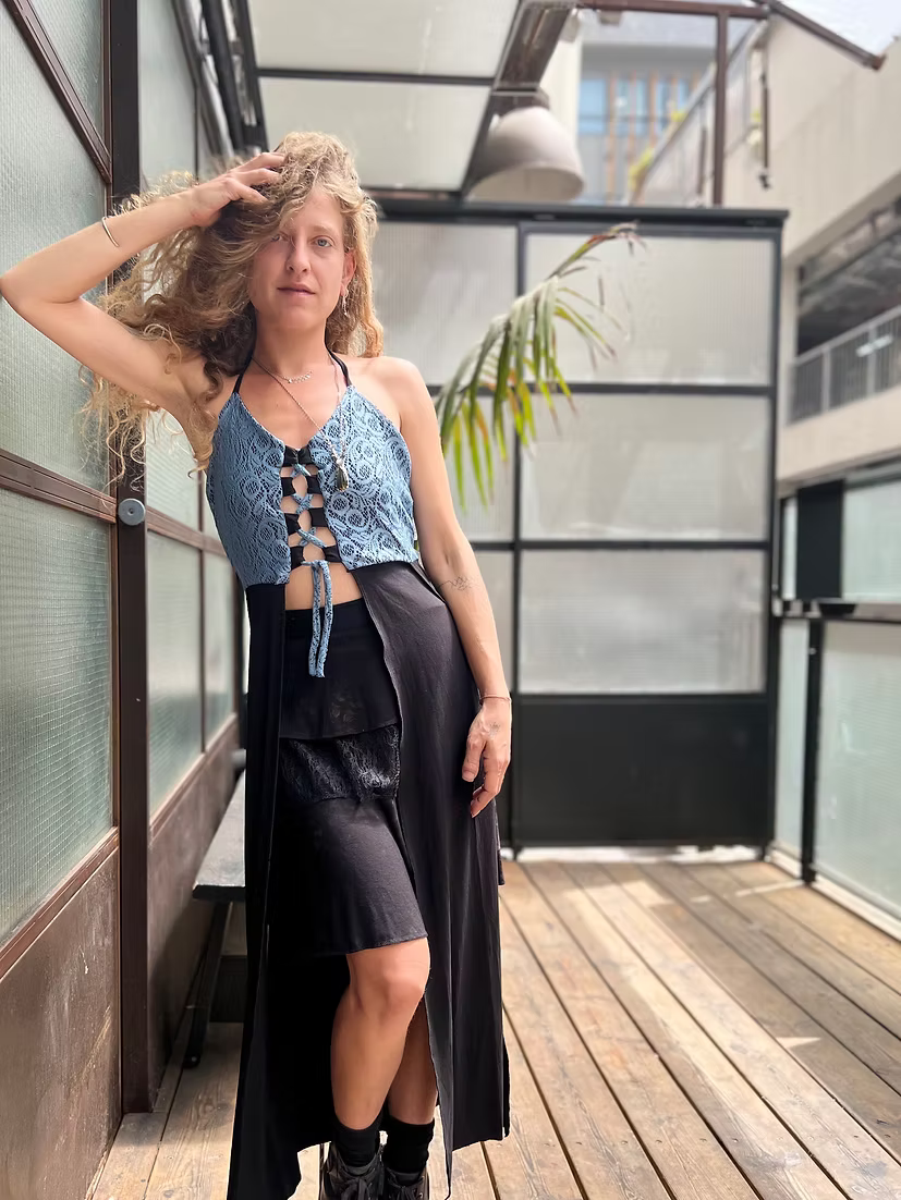 LILITH Top – Blue Lace Cut-Out Texture Tunic