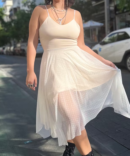 FAIRY Long White Dotted Chiffon Dress