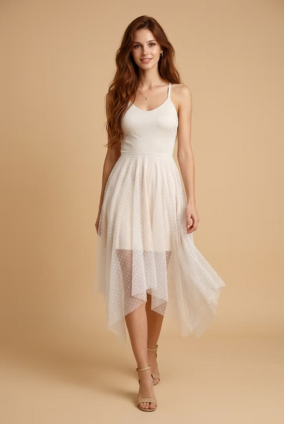 FAIRY Long White Dotted Chiffon Dress