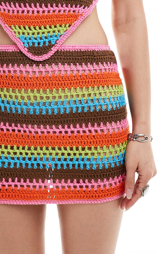 ELSIE & FRED Pink Stripe Crochet Tie Side Mini Skirt