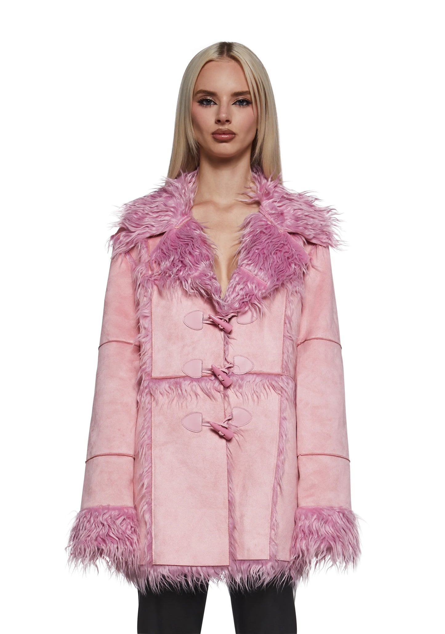 Suede Toggle Fur Coat — Pink
