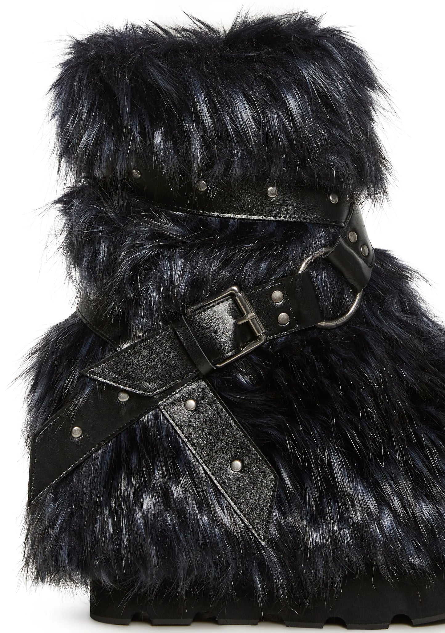 Low Faux Fur Buckle Straps Boots - Black