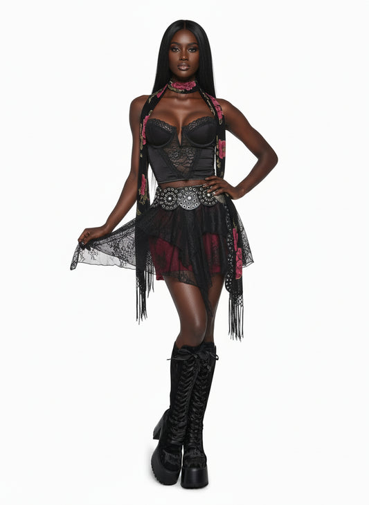 Shadow Lace Handkerchief Mini Skirt – Black