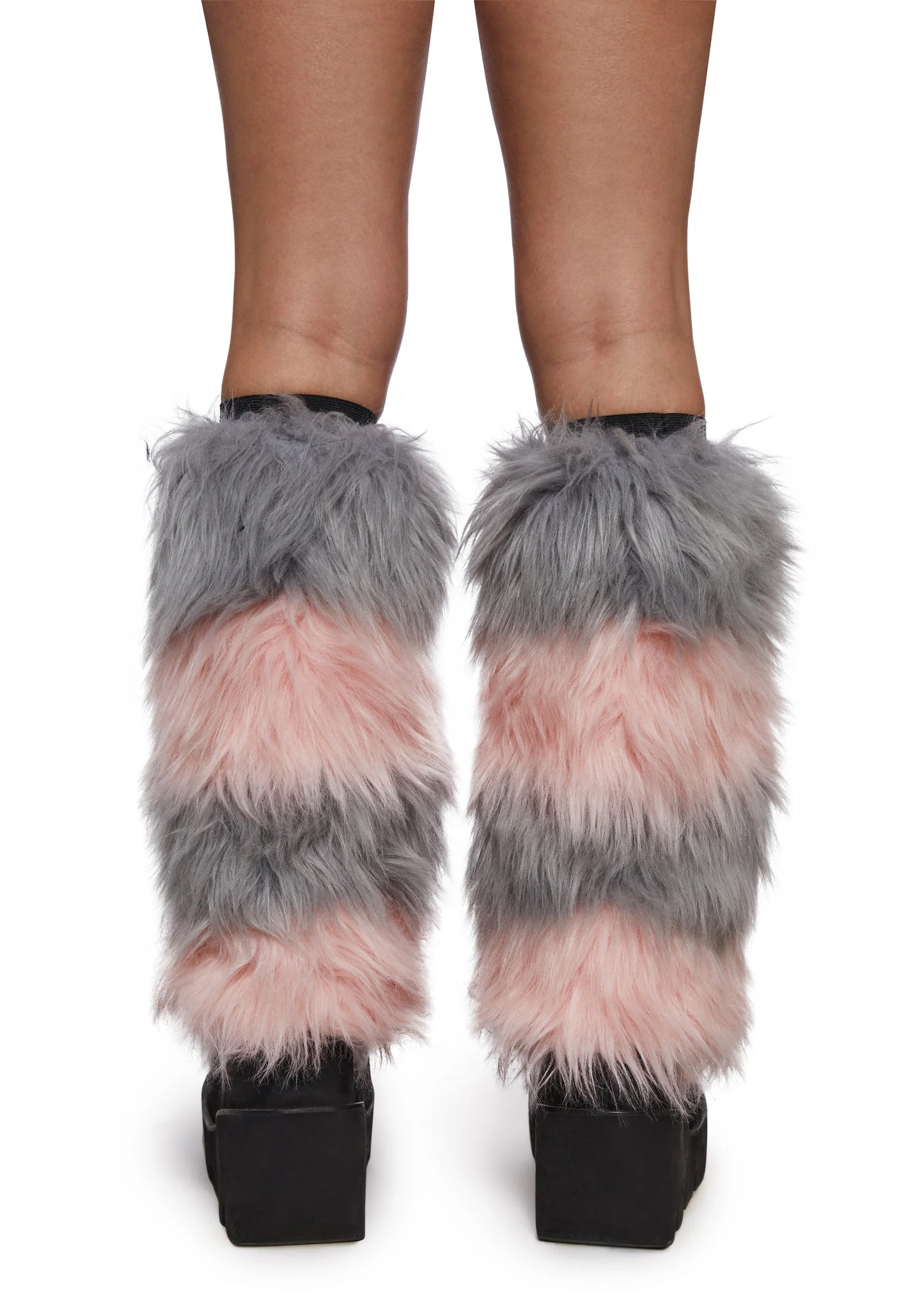 PINK & GREY STRIPS FAUX FUR LEG WARMERS