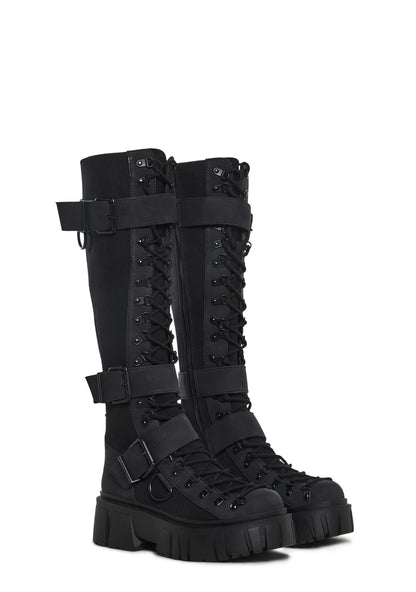 COMBAT KNEE HIGH BOOTS - BLACK