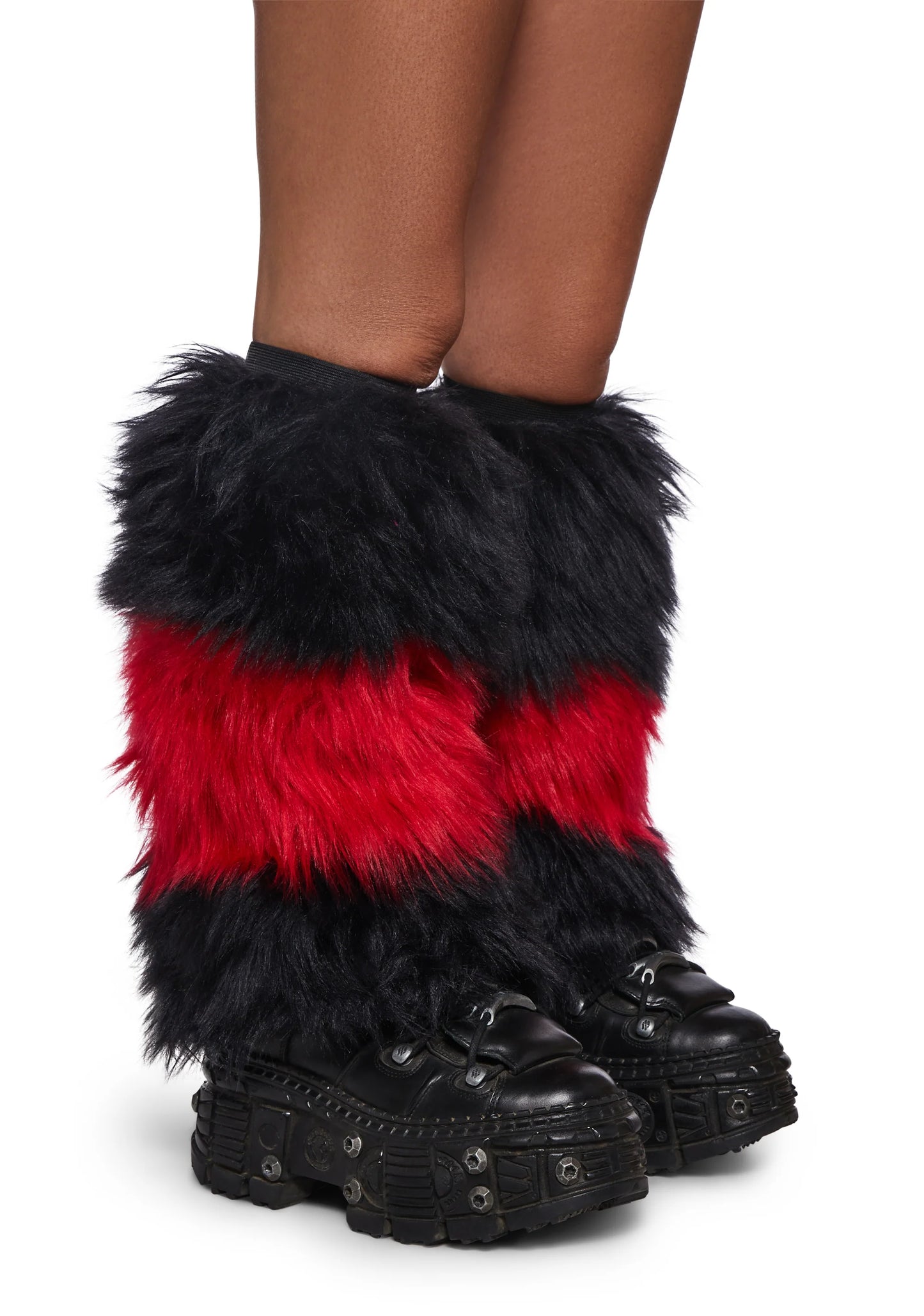 BLACK & RED STRIPS FAUX FUR LEG WARMERS
