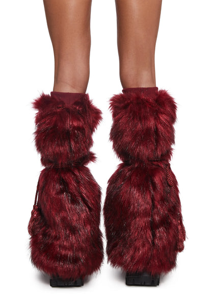 Faux Fur ribbed Leg Warmers - Red