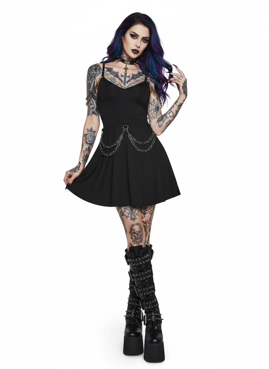 Spiked Chainlink Mini Dress – Black