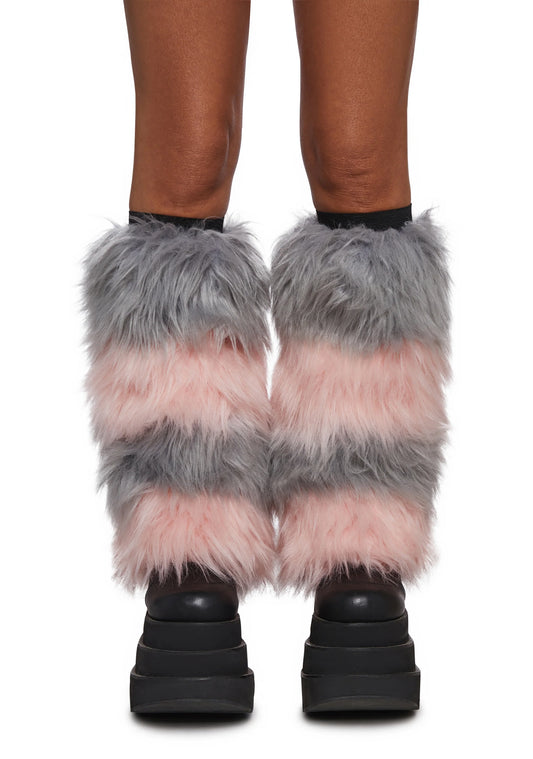 PINK & GREY STRIPS FAUX FUR LEG WARMERS