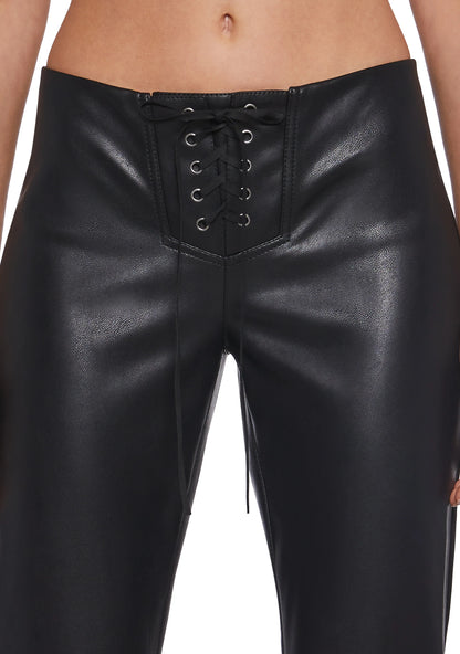 Vegan Leather Lace-Up Flare Pants – Black