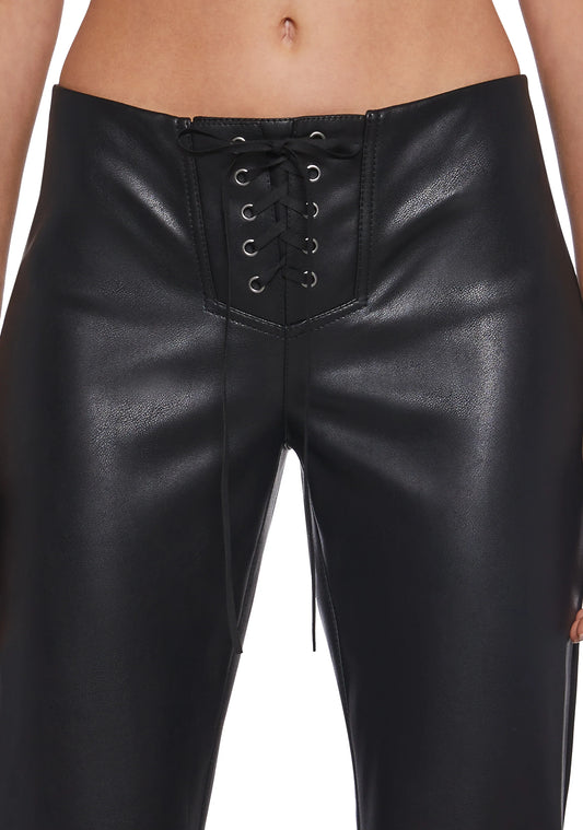 Vegan Leather Lace-Up Flare Pants – Black