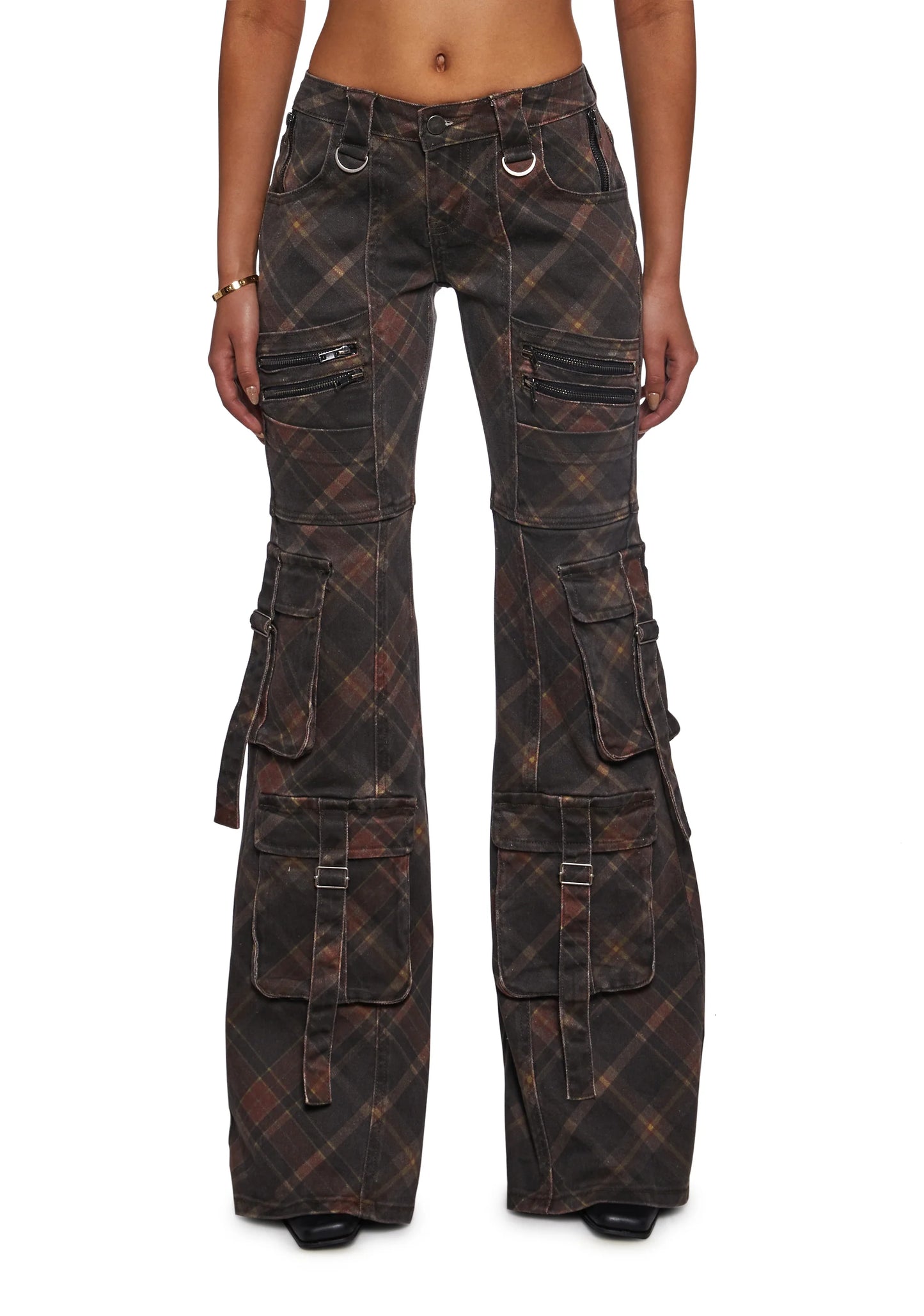Suspender Cargo Flares Jeans — Dark Plaid