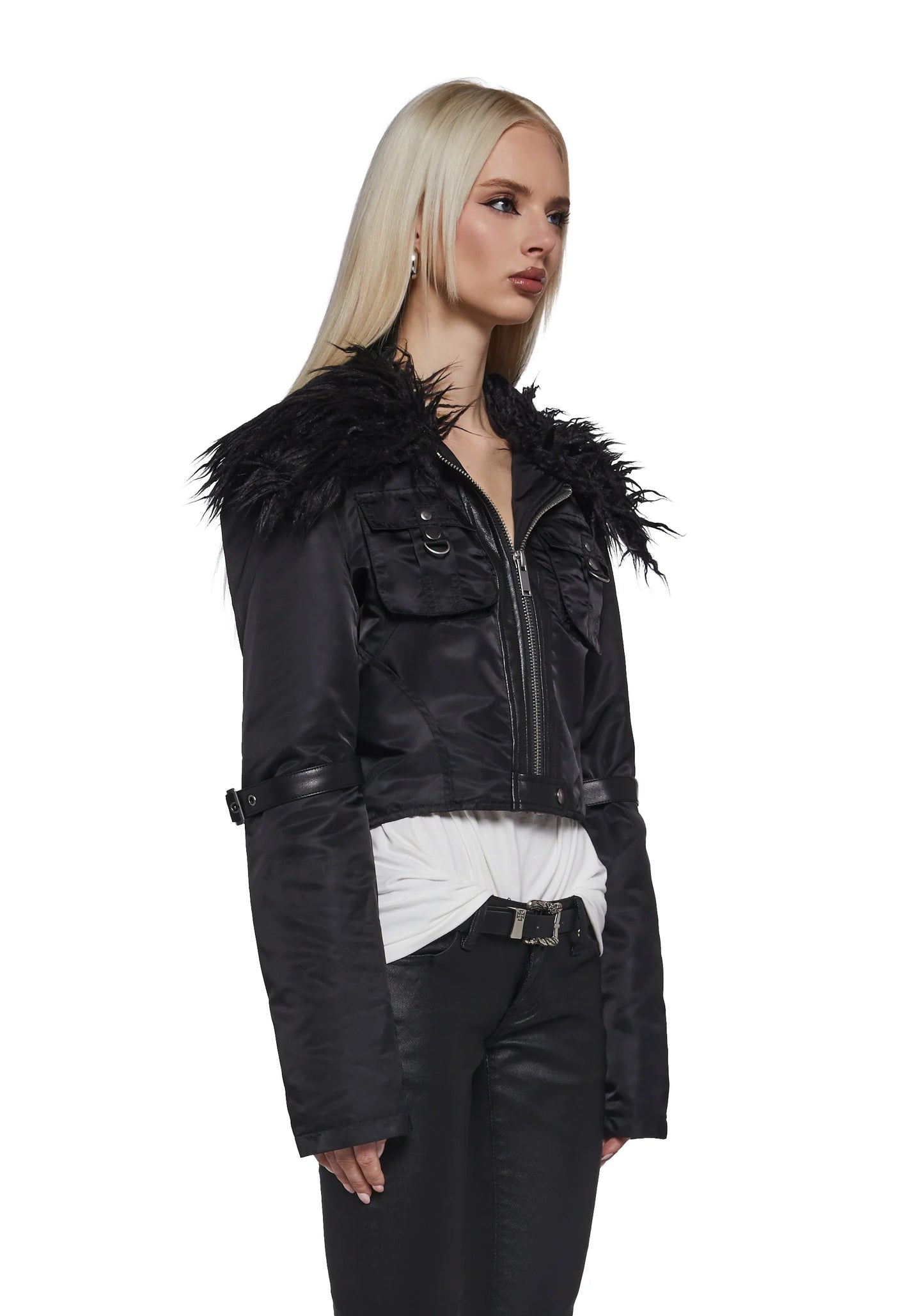 NICKI Cropped Bomber Jacket - Black