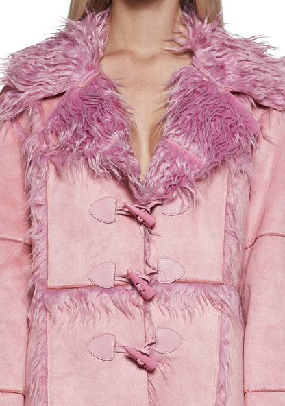 Suede Toggle Fur Coat — Pink