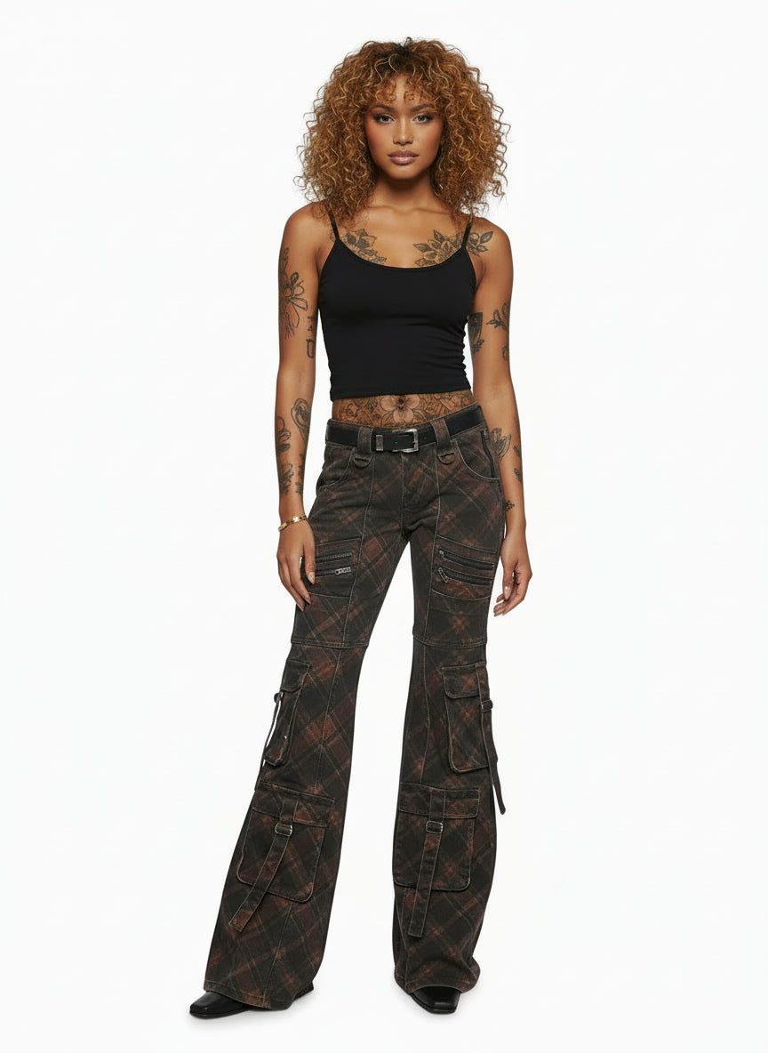 Suspender Cargo Flares Jeans — Dark Plaid