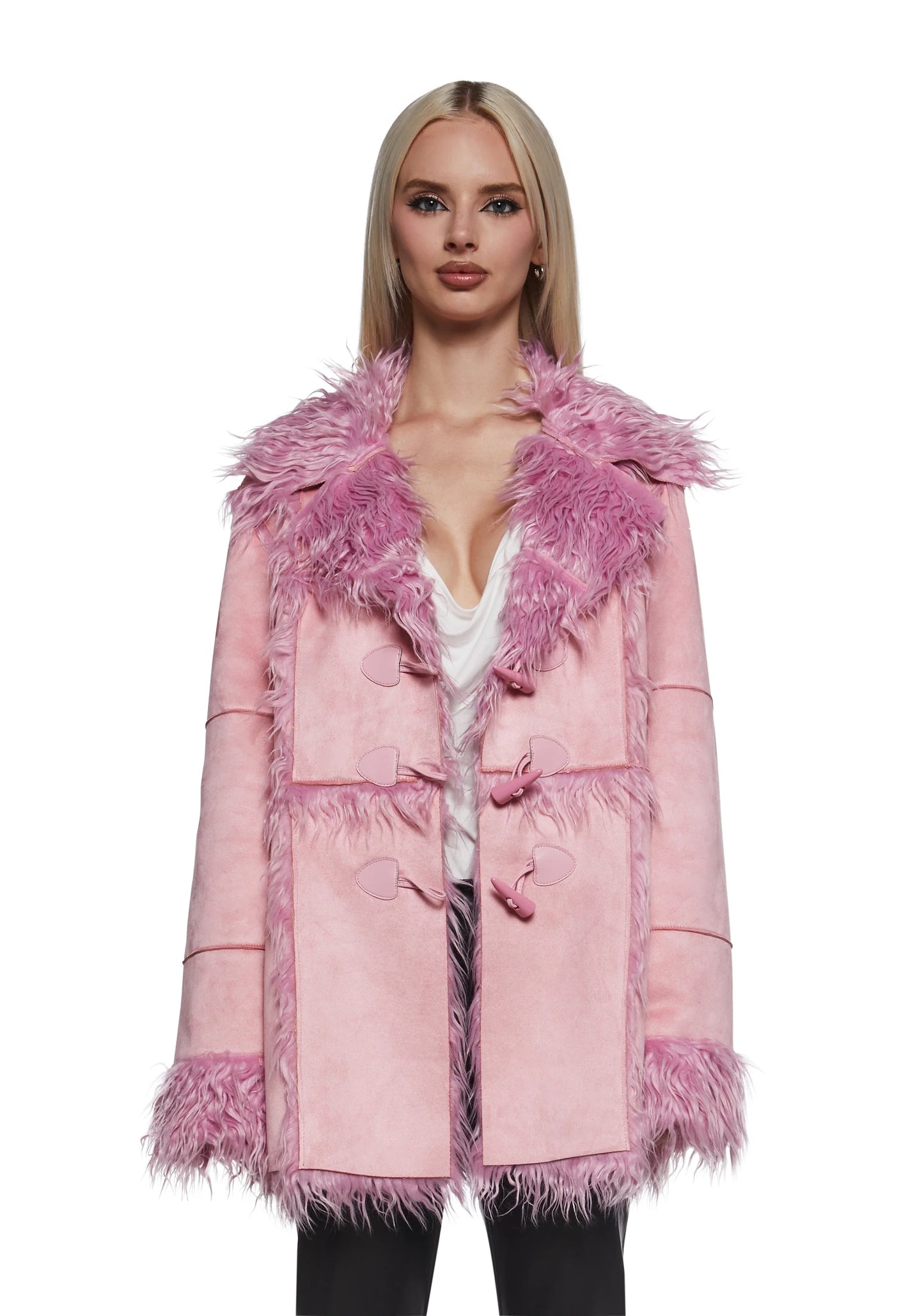 Suede Toggle Fur Coat — Pink