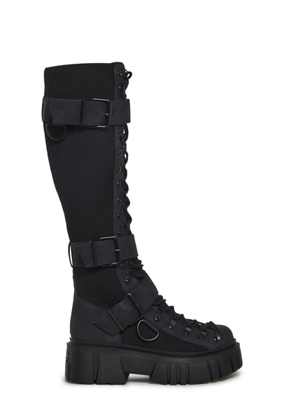 COMBAT KNEE HIGH BOOTS - BLACK