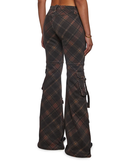 Suspender Cargo Flares Jeans — Dark Plaid