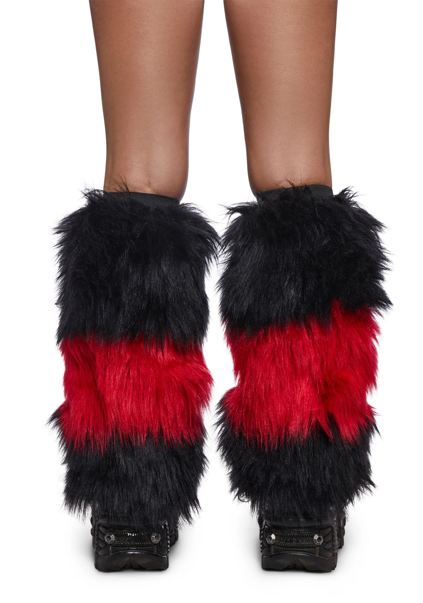 BLACK & RED STRIPS FAUX FUR LEG WARMERS