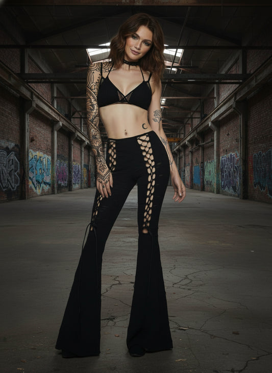 Enchanted Lace-Up Flare Pants – Black