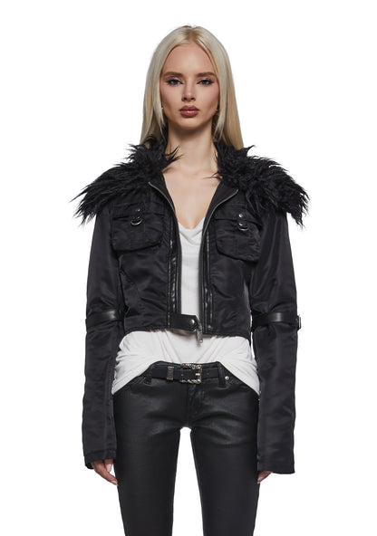 NICKI Cropped Bomber Jacket - Black