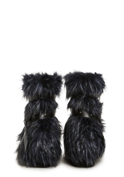 Low Faux Fur Buckle Straps Boots - Black