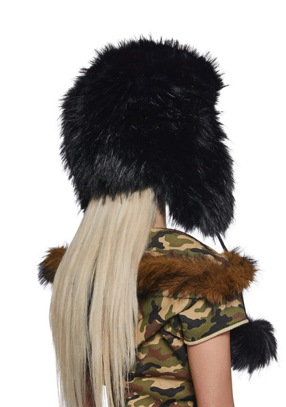 POM POMS Faux Fur Bucket Hat — Black