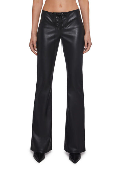 Vegan Leather Lace-Up Flare Pants – Black