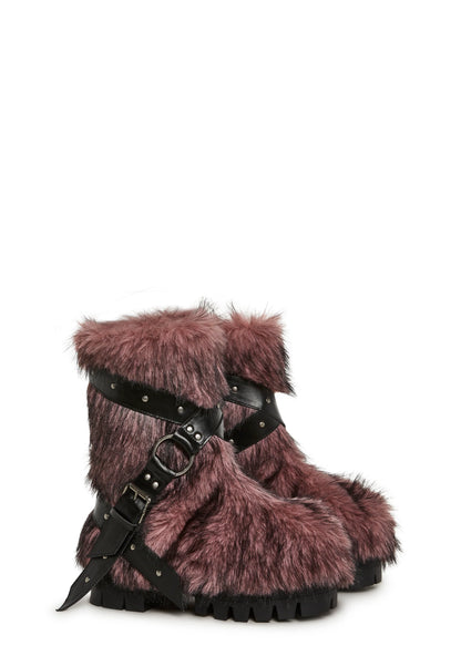 Low Faux Fur Buckle Straps Boots - Pink