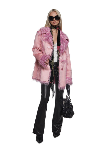 Suede Toggle Fur Coat — Pink