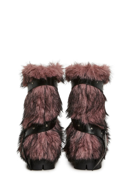 Low Faux Fur Buckle Straps Boots - Pink