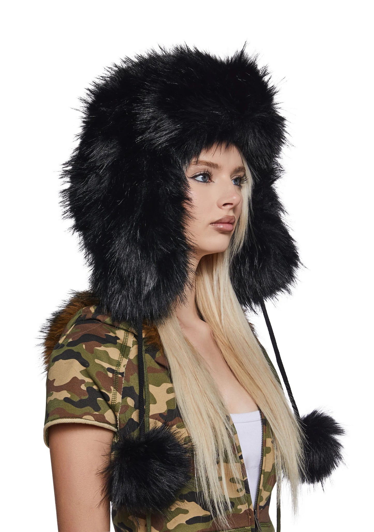 POM POMS Faux Fur Bucket Hat — Black