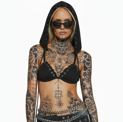 Hooded Whipstitch Bikini Top — Black