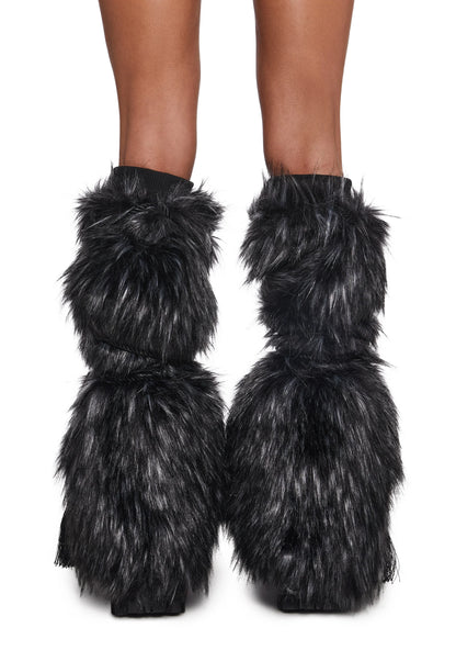 Faux Fur ribbed Leg Warmers - Black