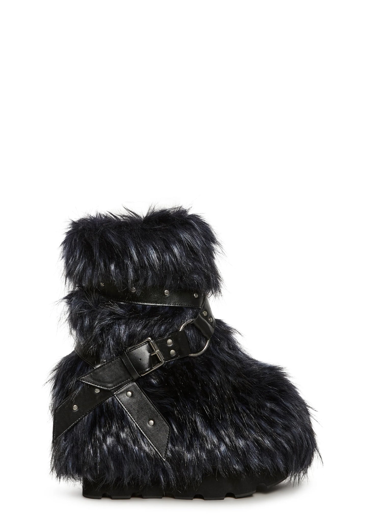 Low Faux Fur Buckle Straps Boots - Black