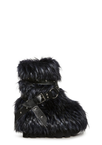 Low Faux Fur Buckle Straps Boots - Black