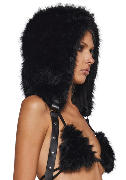 Demented Hooded Fur Harness – Black