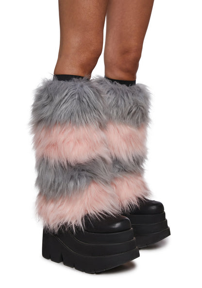 PINK & GREY STRIPS FAUX FUR LEG WARMERS