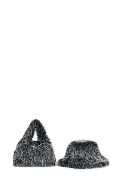 MIDNIGHT FAUX FUR BUCKET HAT & SHOULDER BAG