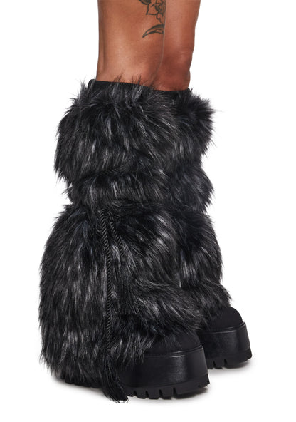 Faux Fur ribbed Leg Warmers - Black