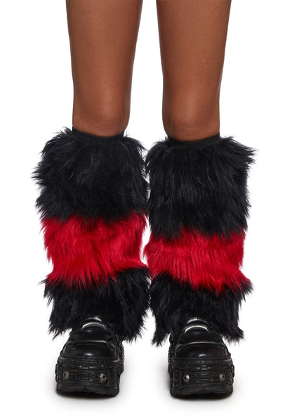 BLACK & RED STRIPS FAUX FUR LEG WARMERS
