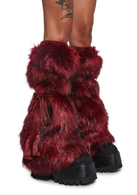 Faux Fur ribbed Leg Warmers - Red
